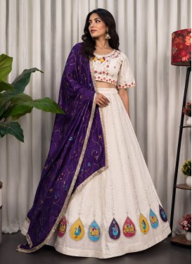 Embroidered Work Vichitra Silk Readymade Lehenga Choli in Off White for Festival