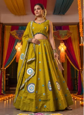Embroidered Work Vichitra Silk Readymade Lehenga Choli in Olive for Festival