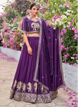 Embroidered Work Vichitra Silk Readymade Lehenga Choli in Purple for Women