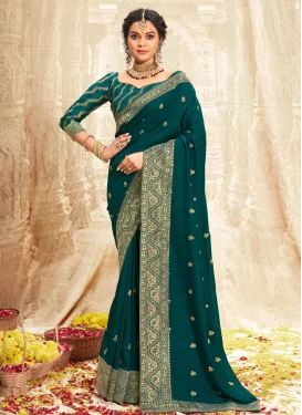 Embroidered Work Vichitra Silk Traditional Saree in Bottle Green for Women