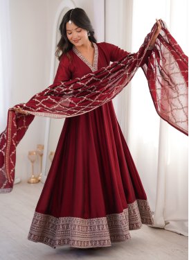 Embroidered Work Vichitra Silk Trendy Gown in Maroon for Festival