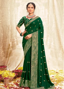 Embroidered Work Vichitra Silk Trendy Saree in Bottle Green for Women