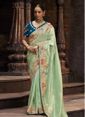 Embroidered Work Viscose Classic Saree in Turquoise for Women