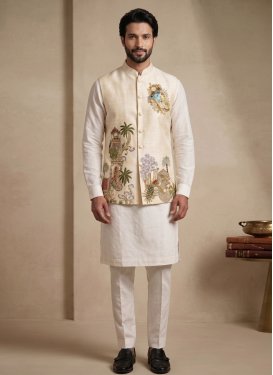 Embroidered Work Viscose Kurta Pajama With Jacket in Cream and Off White for Ceremonial