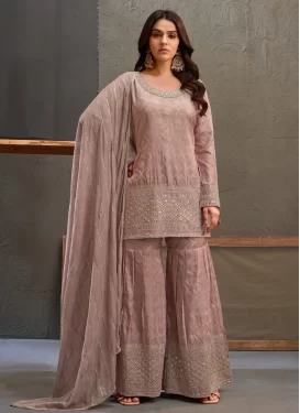 Embroidered Work Viscose Sharara Suit in Mauve Pink for Women