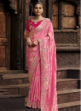 Embroidered Work Viscose Traditional Saree in Pink for Women