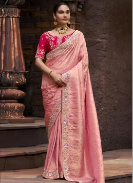 Embroidered Work Viscose Traditional Saree in Salmon for Festival