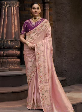 Embroidered Work Viscose Traditional Saree in Salmon for Women