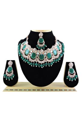 Enchanting Alloy Beads Work Green and White Gold Rodium Polish Necklace Set