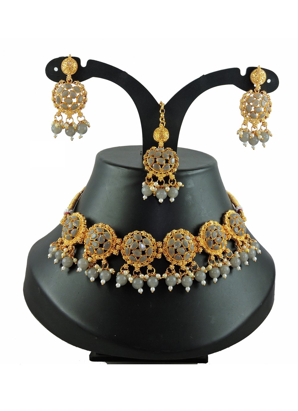 Enchanting Alloy Gold Rodium Polish Gold and Grey Beads Work Necklace Set