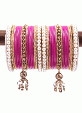 Enchanting Alloy Gold Rodium Polish Gold and Rose Pink Beads Work Bangles