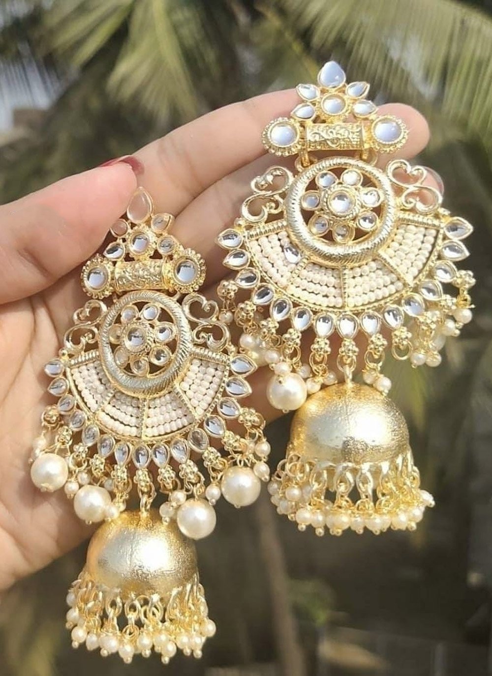 Enchanting Beads Work Gold Rodium Polish Earrings For Festival