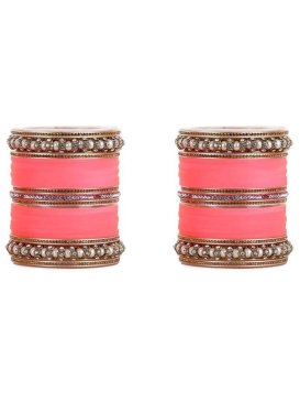 Enchanting Beads Work Hot Pink and Off White Bangles for Ceremonial