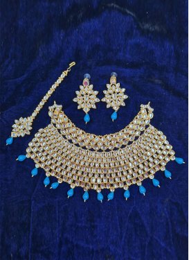 Enchanting Beads Work Light Blue and White Gold Rodium Polish Necklace Set