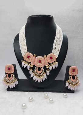 Enchanting Beads Work Peach and White Necklace Set for Party