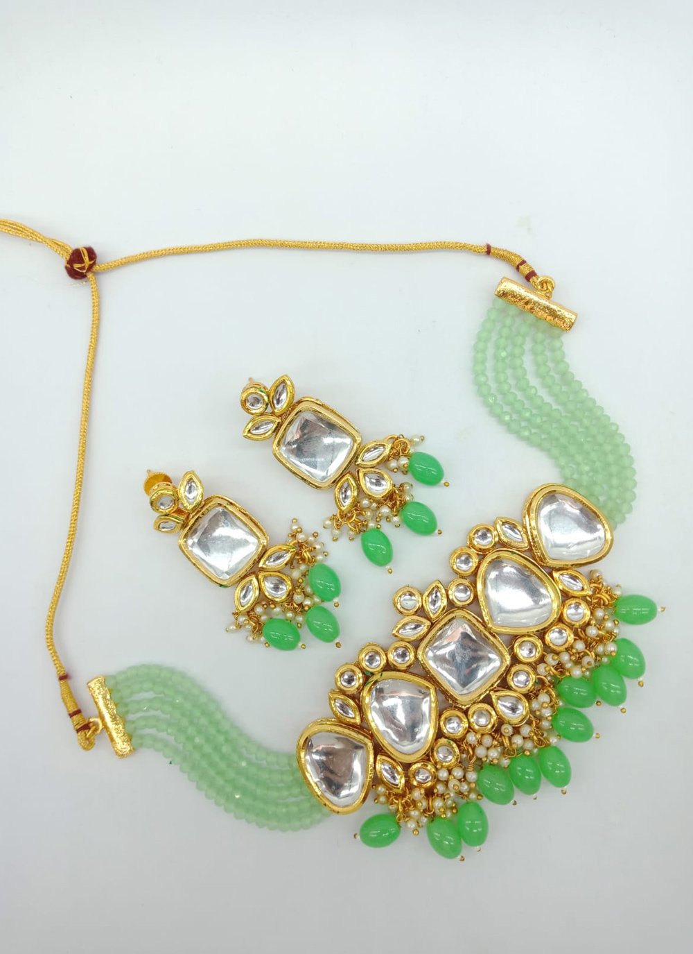 Enchanting Gold Rodium Polish Beads Work Alloy Mint Green and White Necklace Set