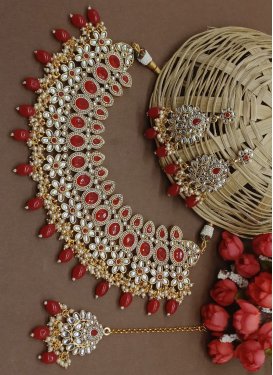 Enchanting Gold Rodium Polish Beads Work Red and White Necklace Set for Ceremonial