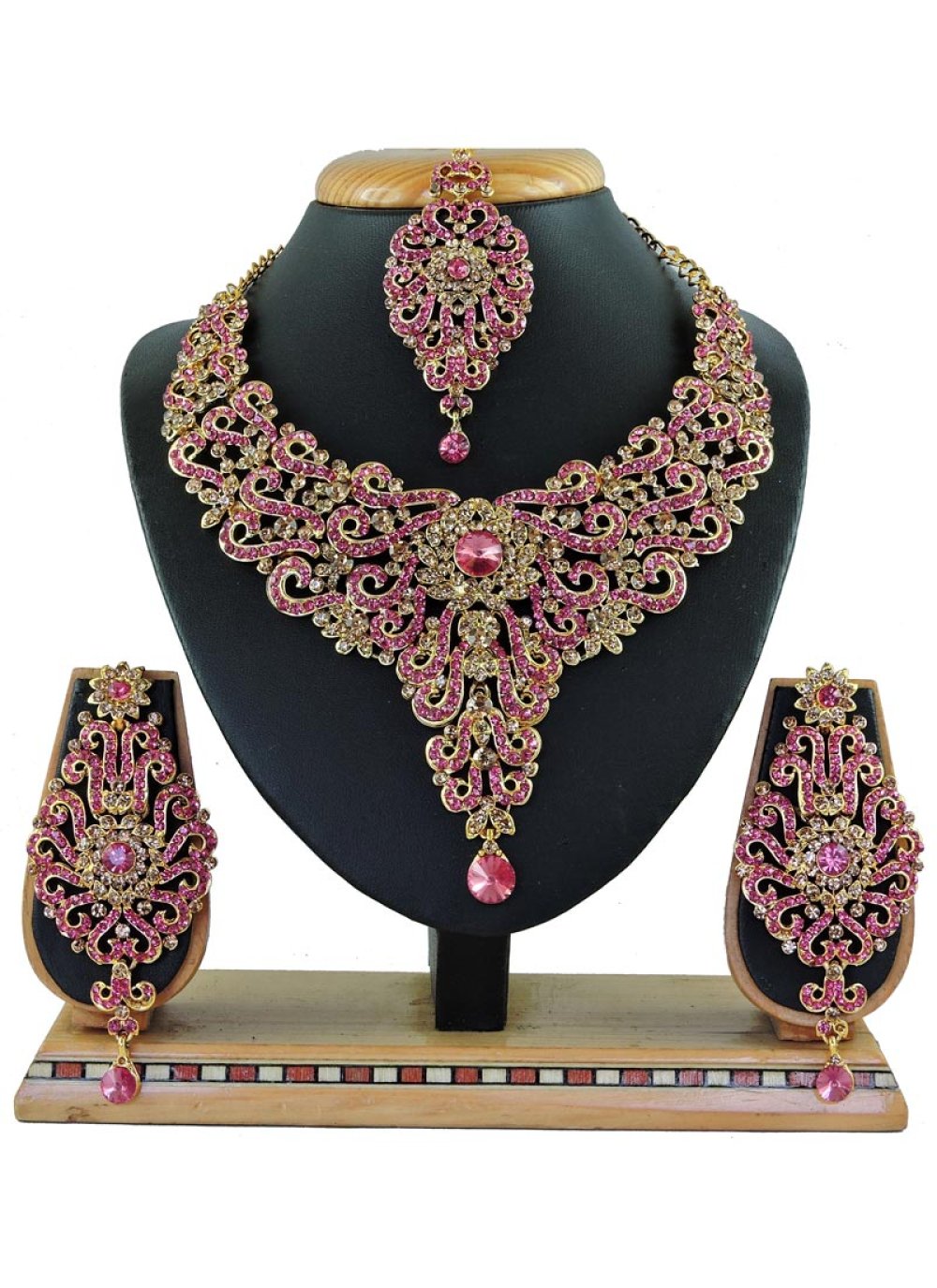 Enchanting Gold Rodium Polish Stone Work Alloy Gold and Rose Pink Necklace Set For Bridal