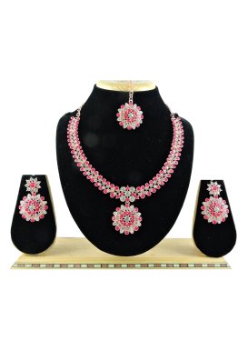 Enchanting Gold Rodium Polish Stone Work Alloy Rose Pink and White Necklace Set For Festival
