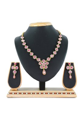 Enchanting Gold Rodium Polish Stone Work Pink and White Necklace Set for Festival