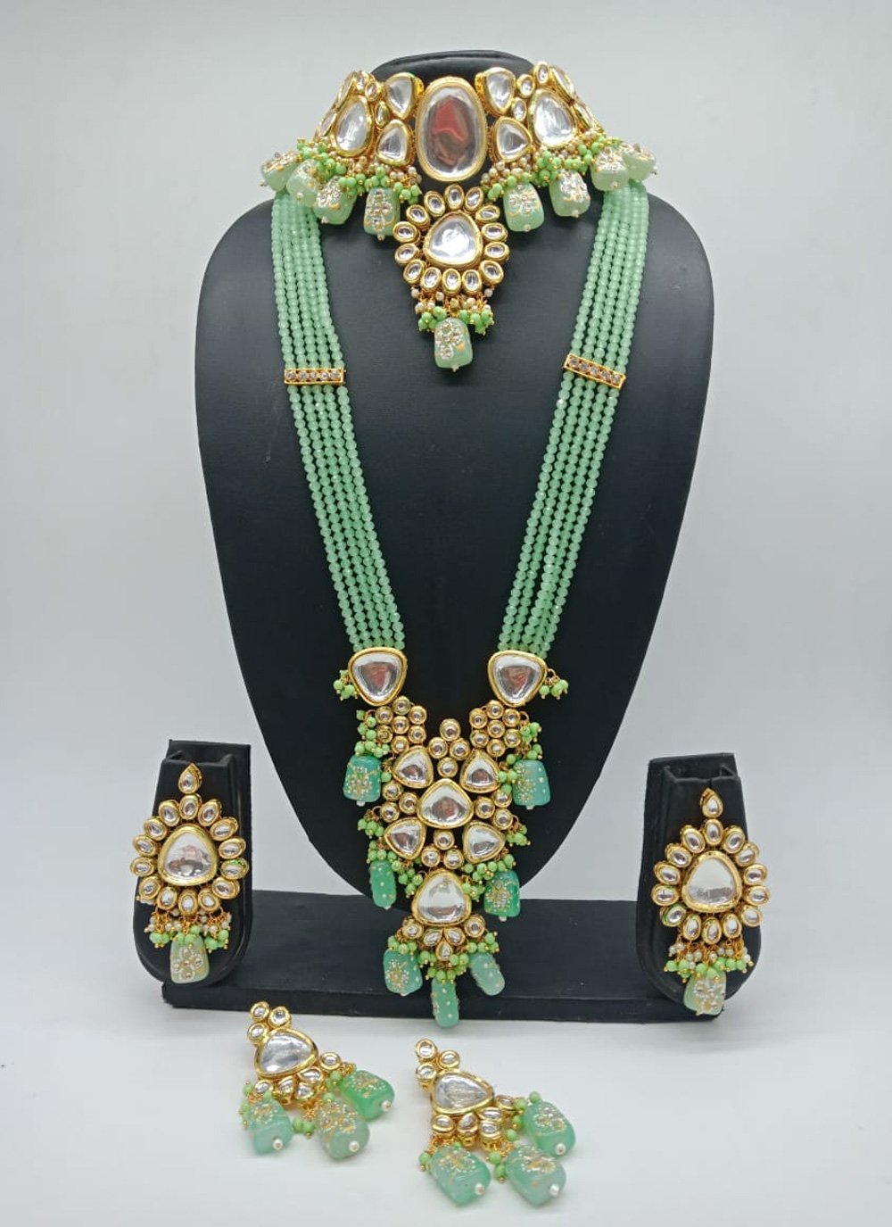 Buy Pretty Beads Work Mint Green and White Necklace Set Online