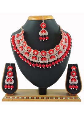 Enchanting Red and White Beads Work Gold Rodium Polish Necklace Set