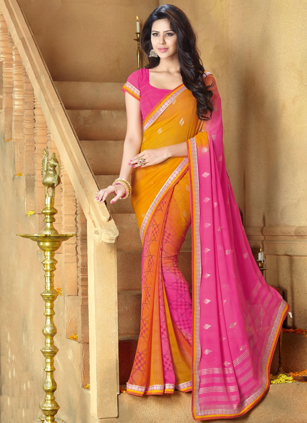 Enchanting Rose Pink And Orange Color Saree