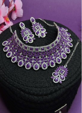 Enchanting Silver Rodium Polish Stone Work Purple and White Necklace Set for Ceremonial