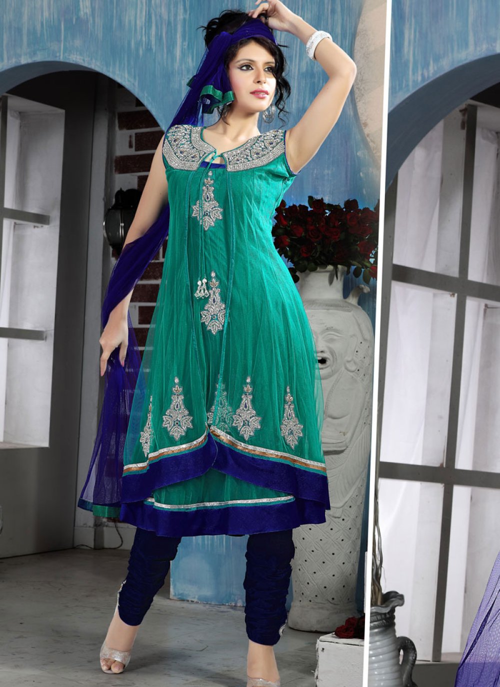 Turquoise Blue Self Design Silk Anarkali Suit Set