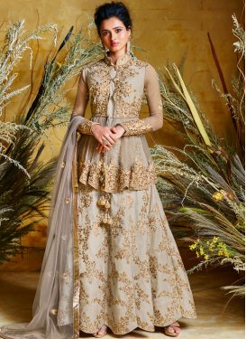 Enticing Embroidered Poly Silk Grey Floor Length Anarkali Suit
