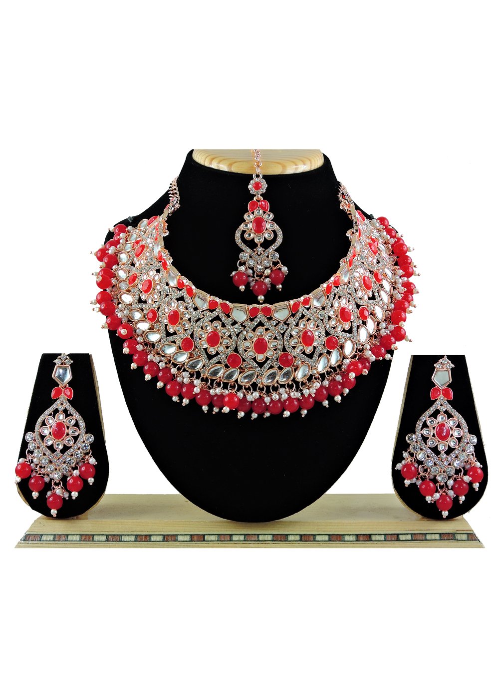 Especial  Gold Rodium Polish Beads Work Red and White Necklace Set for Party