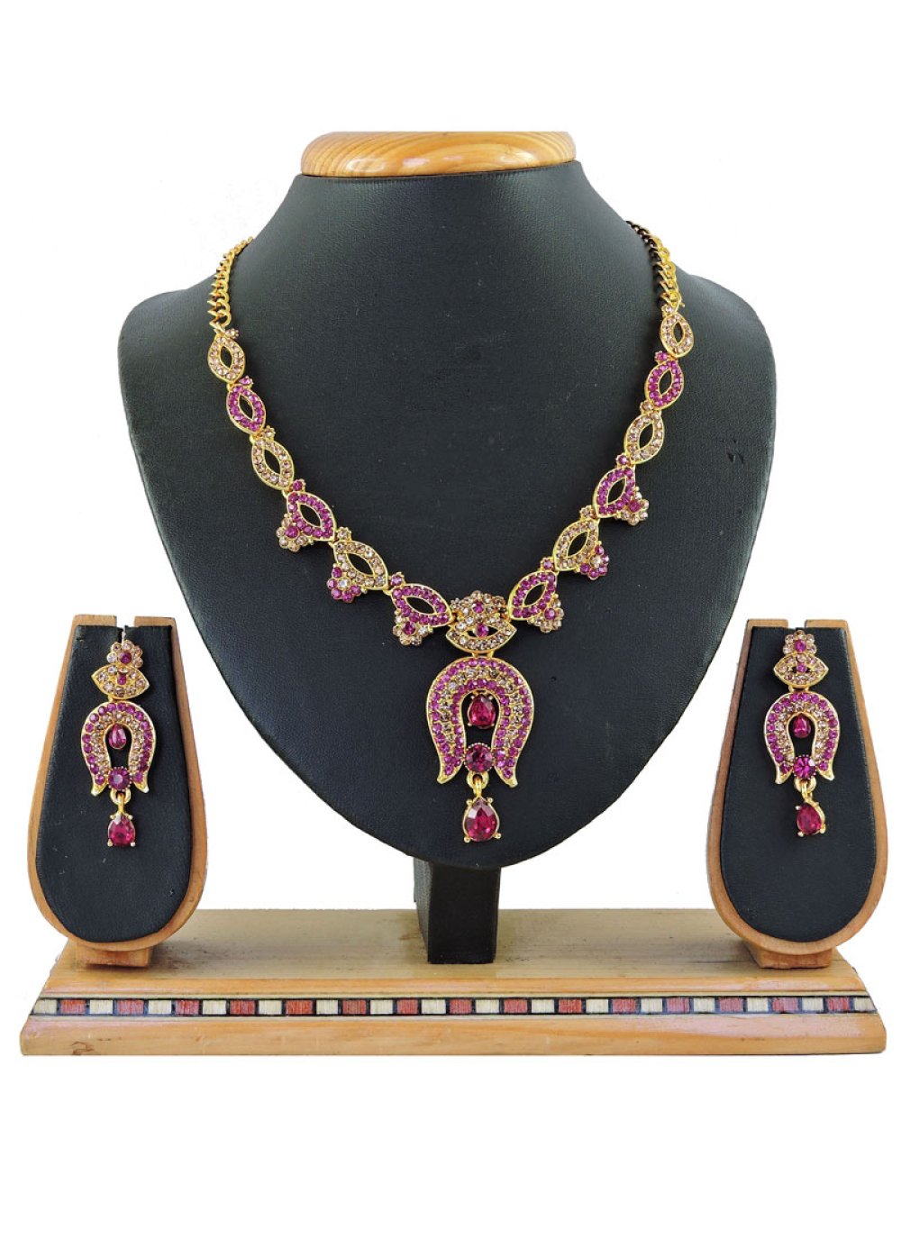 Especial  Gold Rodium Polish Gold and Rose Pink Stone Work Necklace Set