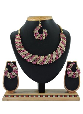 Especial  Gold Rodium Polish Stone Work Alloy Rose Pink and White Necklace Set For Bridal