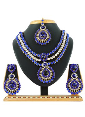 Especial Gold Rodium Polish Stone Work Blue and White Necklace Set for Party
