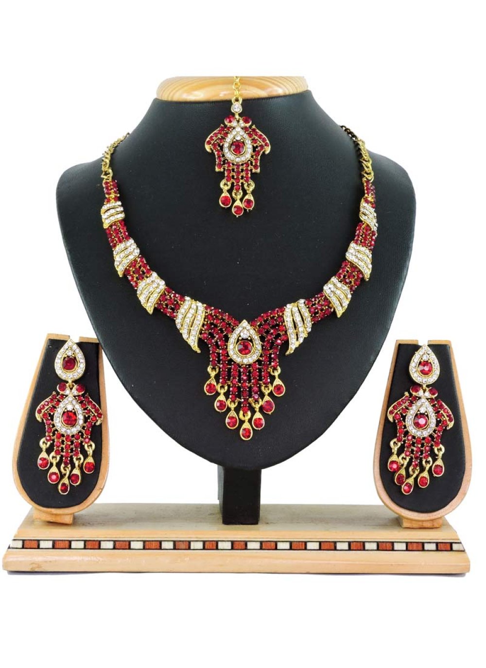 Especial  Gold Rodium Polish Stone Work Red and White Necklace Set for Festival