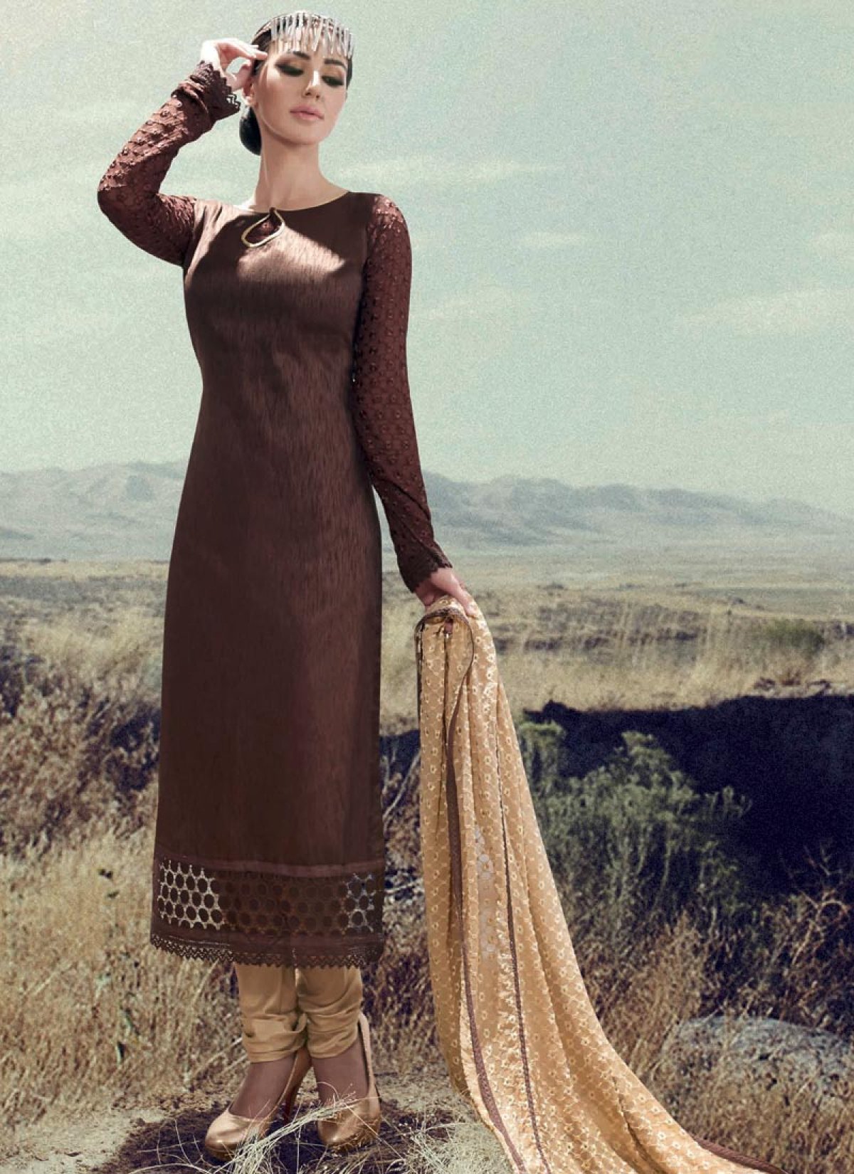 Especial Lace Work Coffee Brown Color Churidar Suit