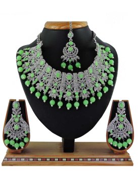 Especial  Mint Green and White Alloy Silver Rodium Polish Necklace Set For Festival