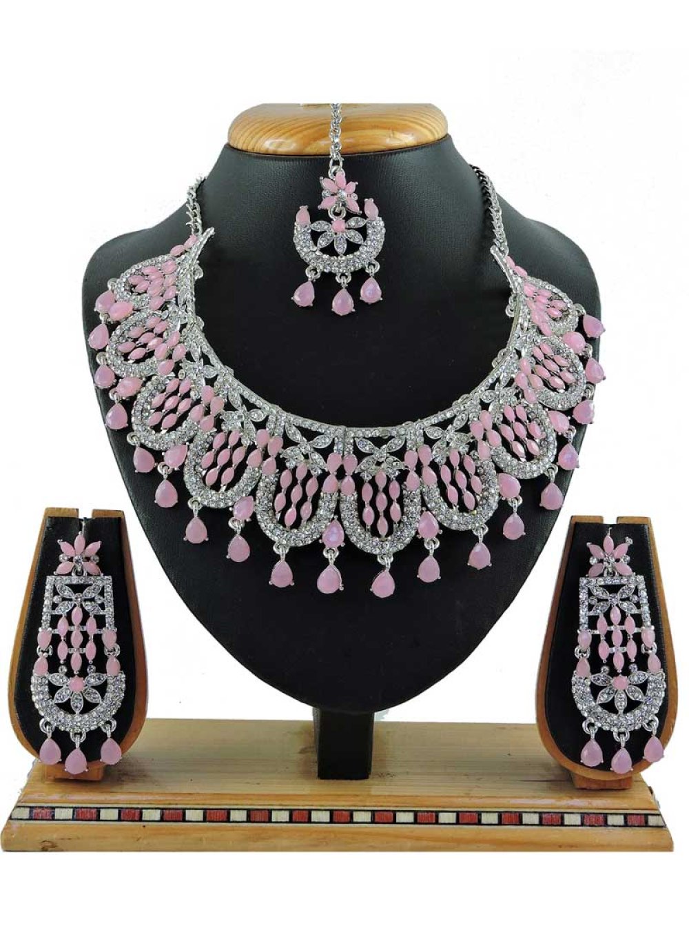 Especial  Pink and White Silver Rodium Polish Beads Work Necklace Set