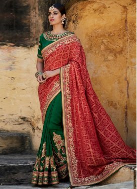 Extraordinary Bottle Green and Red Embroidered Work Half N Half Saree