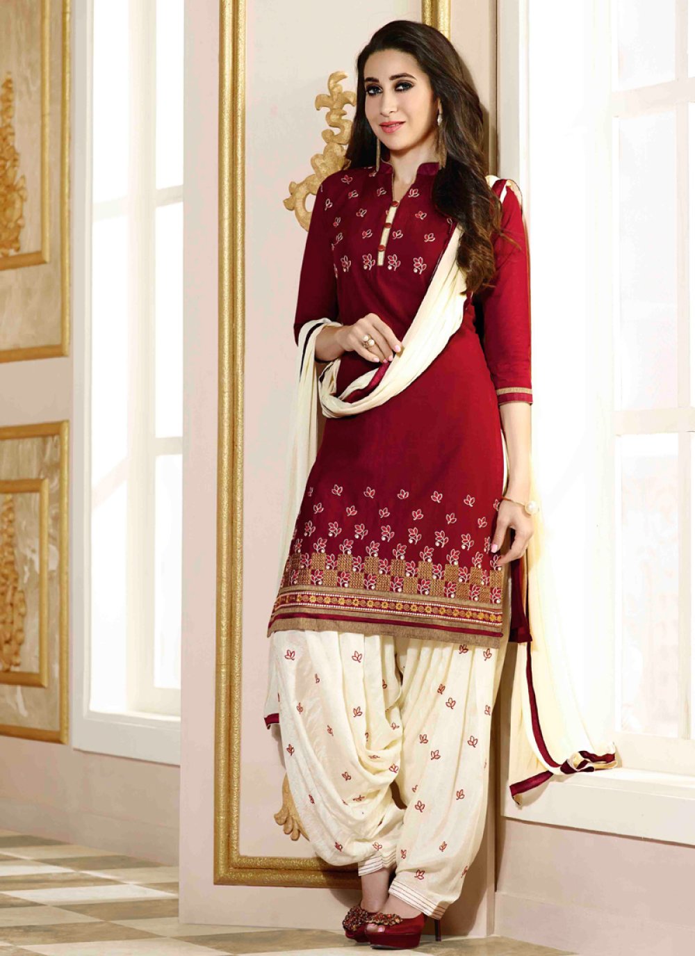 Exuberant Maroon Color Karisma Kapoor Patiala Style Punjabi Suit