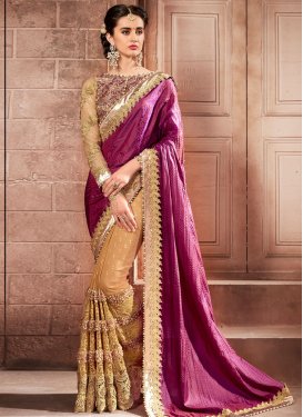 Eye-Catchy Beige and Purple Beads Work Crush Half N Half Designer Saree