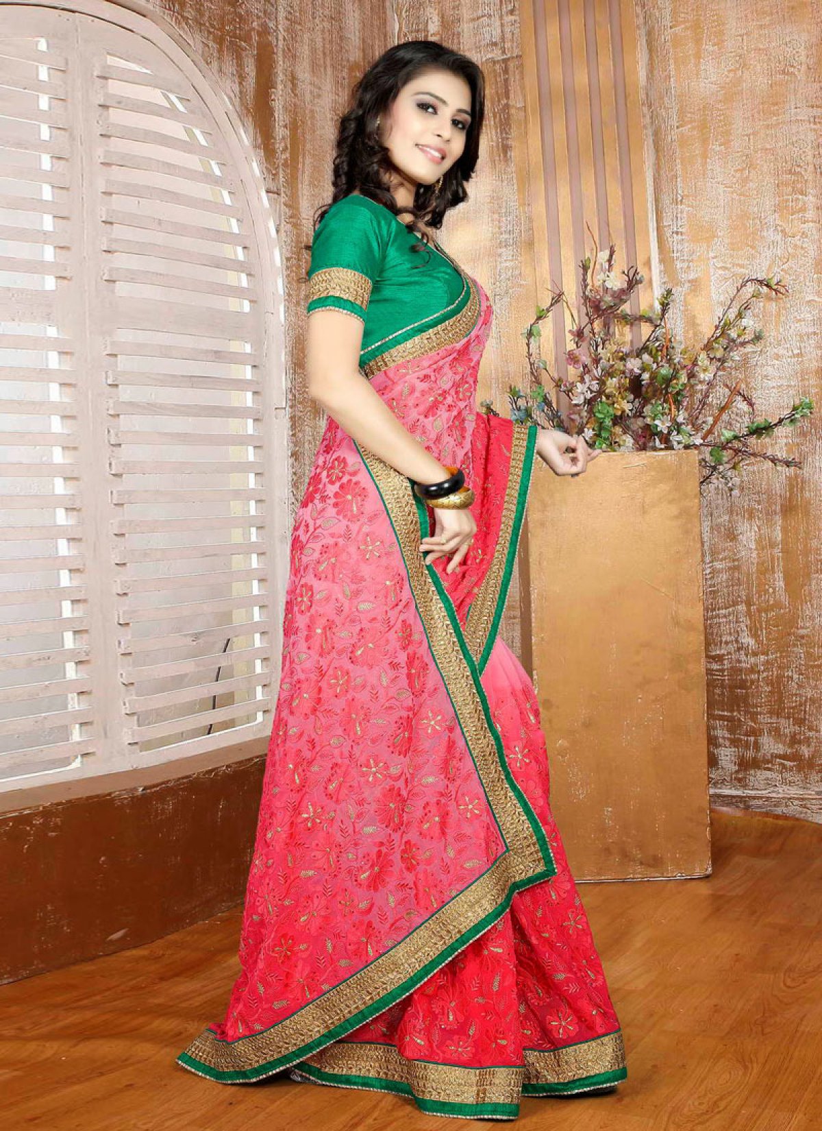 Fab Rose Pink Color Lace Work Georgette Wedding Saree