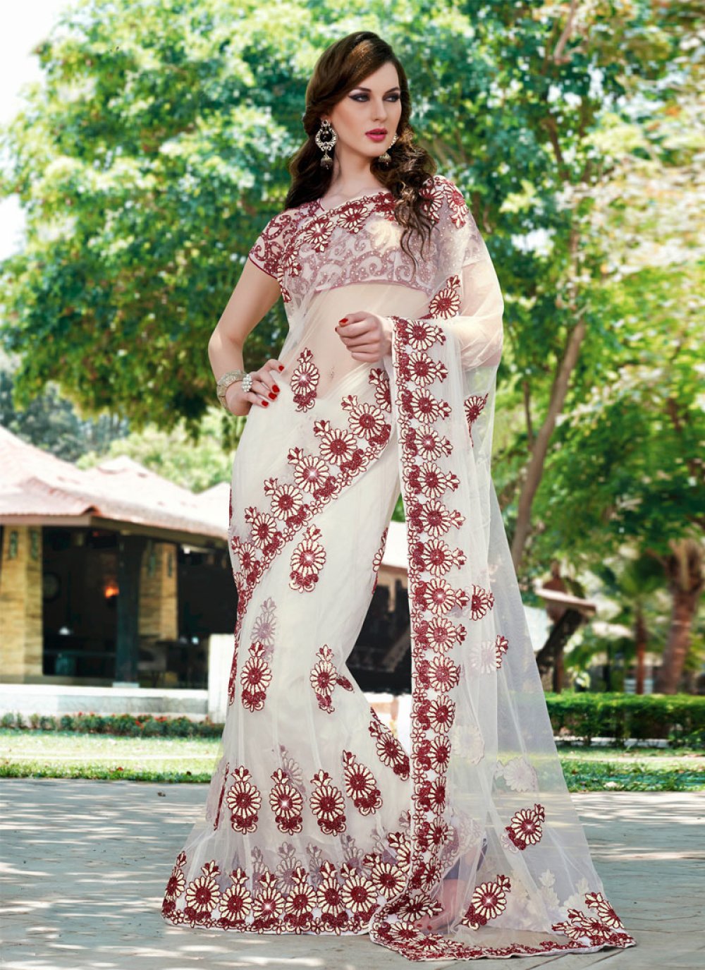 Luscious Red And Off White Lehenga Saree