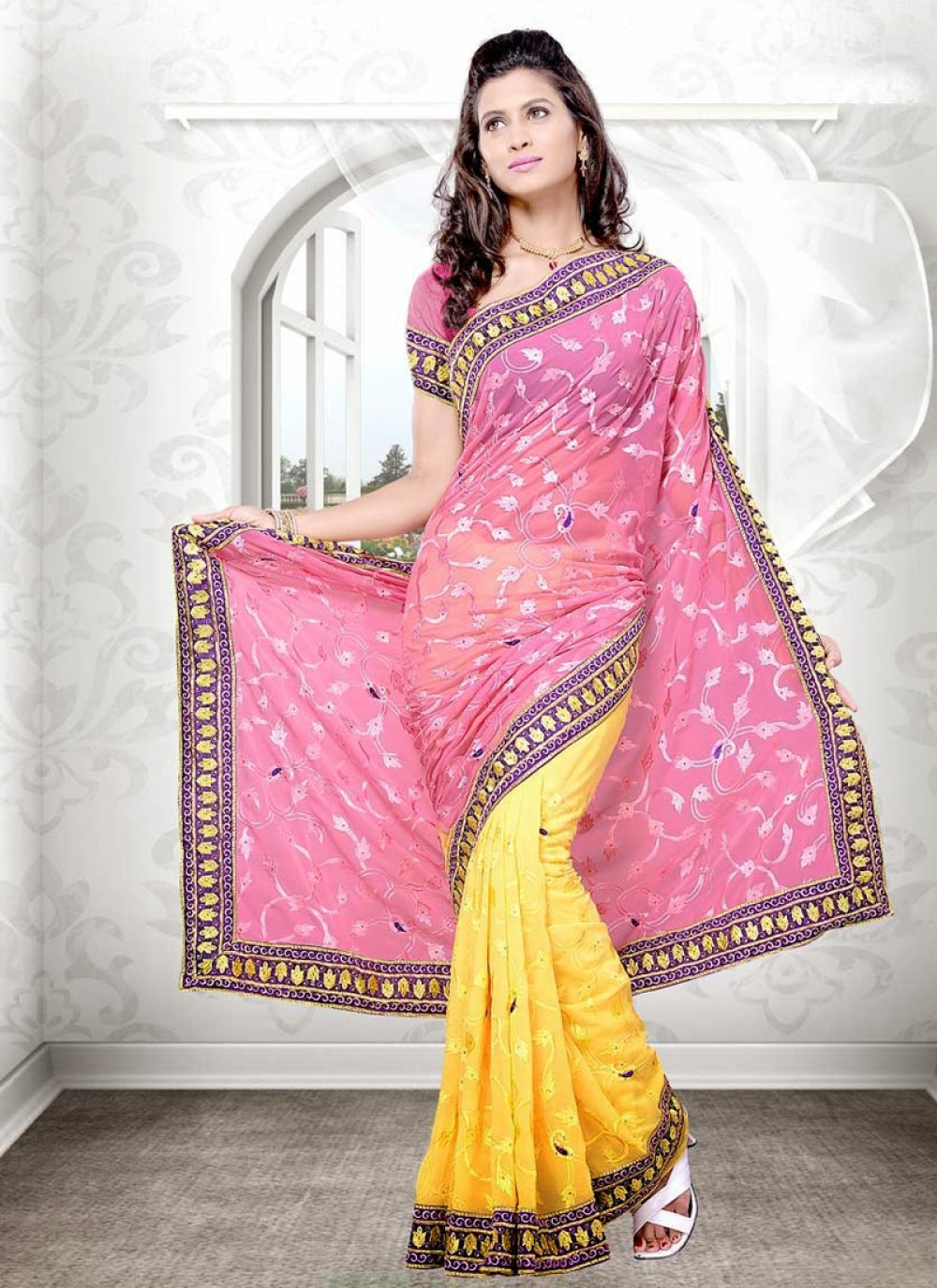 Gold Banarasi Silk Jacquard Half Saree With Contrast Pink Color Border