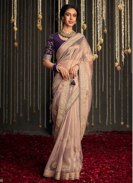 Fancy Fabric Beige and Purple Embroidered Work Designer Contemporary Saree