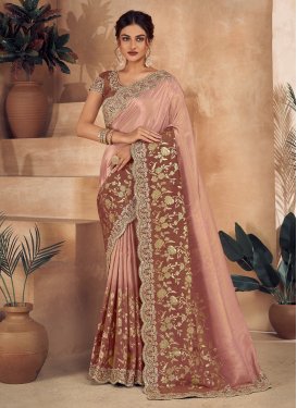 Fancy Fabric Brown and Salmon Designer Contemporary Saree For Ceremonial