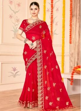 Fancy Fabric Classic Saree in Red with Embroidered Work for Festival