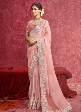 Fancy Fabric Classic Saree in Salmon with Embroidered Work for Festival