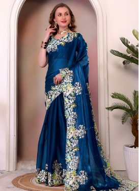 Fancy Fabric Classic Saree in Teal with Embroidered Work for Ceremonial