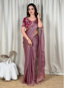 Fancy Fabric Classic Saree with Beads Work for Ceremonial in Mauve Pink